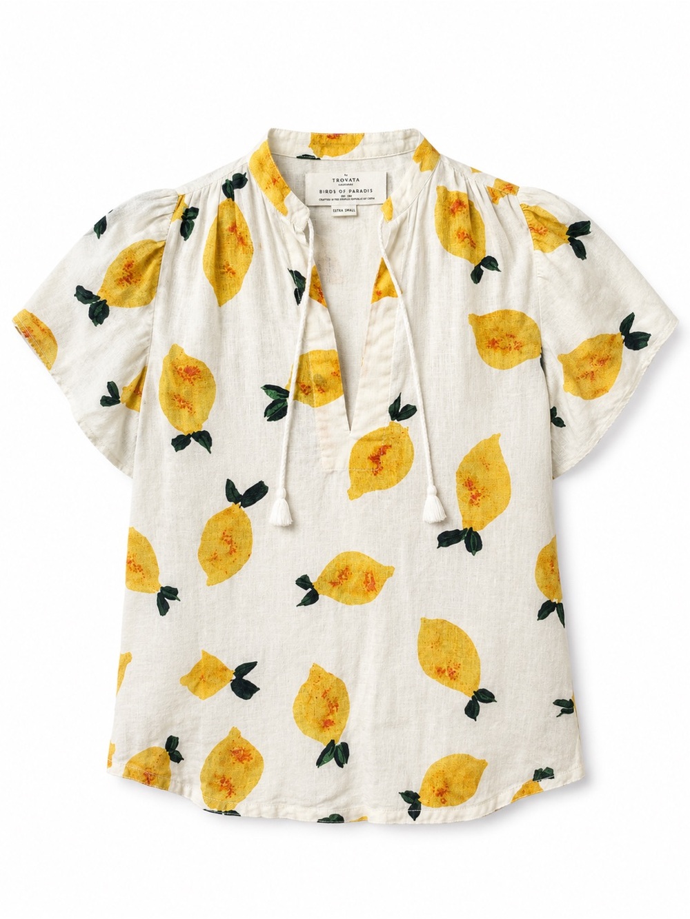 Birds of Paradis Trovata Linen Cotton Lemon Blouse Top XS Cottagecore Fruit Art⁠